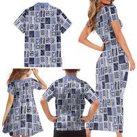 Vintage Aloha Block Quilt Family Matching Short Sleeve Bodycon Dress and Hawaiian Shirt Blue Inspired Lei Motifs - Polynesian Pride