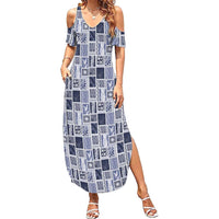 Vintage Aloha Block Quilt Family Matching Summer Maxi Dress and Hawaiian Shirt Blue Inspired Lei Motifs - Polynesian Pride