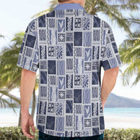 Vintage Aloha Block Quilt Hawaiian Shirt Blue Inspired Lei Motifs LT9 - Polynesian Pride