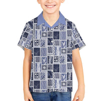 Vintage Aloha Block Quilt Hawaiian Shirt Blue Inspired Lei Motifs - Polynesian Pride