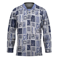 Vintage Aloha Block Quilt Hockey Jersey Blue Inspired Lei Motifs LT9 Unisex Blue - Polynesian Pride