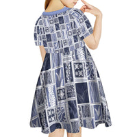 Vintage Aloha Block Quilt Kid Short Sleeve Dress Blue Inspired Lei Motifs LT9 - Polynesian Pride