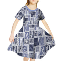 Vintage Aloha Block Quilt Kid Short Sleeve Dress Blue Inspired Lei Motifs LT9 - Polynesian Pride