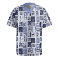 Vintage Aloha Block Quilt Rugby Jersey Blue Inspired Lei Motifs - Polynesian Pride