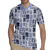 Vintage Aloha Block Quilt Rugby Jersey Blue Inspired Lei Motifs LT9 - Polynesian Pride