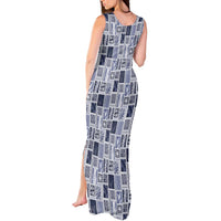 Vintage Aloha Block Quilt Tank Maxi Dress Blue Inspired Lei Motifs - Polynesian Pride