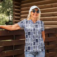 Vintage Aloha Block Quilt Women Polo Shirt Blue Inspired Lei Motifs - Polynesian Pride