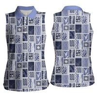 Vintage Aloha Block Quilt Women Sleeveless Polo Shirt Blue Inspired Lei Motifs - Polynesian Pride