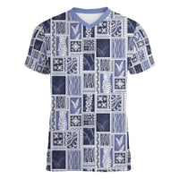 Vintage Aloha Block Quilt Women V-Neck T-Shirt Blue Inspired Lei Motifs - Polynesian Pride