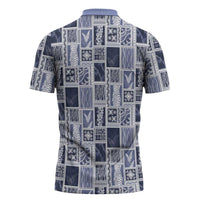 Vintage Aloha Block Quilt Zipper Polo Shirt Blue Inspired Lei Motifs LT9 - Polynesian Pride