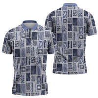 Vintage Aloha Block Quilt Zipper Polo Shirt Blue Inspired Lei Motifs LT9 - Polynesian Pride