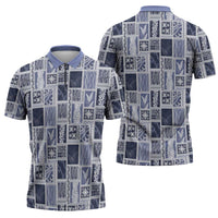 Vintage Aloha Block Quilt Zipper Polo Shirt Blue Inspired Lei Motifs - Polynesian Pride