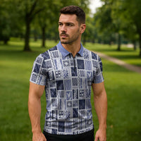 Vintage Aloha Block Quilt Zipper Polo Shirt Blue Inspired Lei Motifs LT9 - Polynesian Pride
