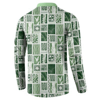 Vintage Aloha Block Quilt Button Sweatshirt Green Inspired Lei Motifs - Polynesian Pride