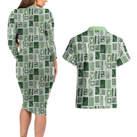 Vintage Aloha Block Quilt Couples Matching Long Sleeve Bodycon Dress and Hawaiian Shirt Green Inspired Lei Motifs - Polynesian Pride