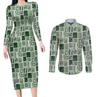 Vintage Aloha Block Quilt Couples Matching Long Sleeve Bodycon Dress and Long Sleeve Button Shirt Green Inspired Lei Motifs - Polynesian Pride