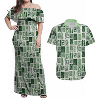 Vintage Aloha Block Quilt Couples Matching Off Shoulder Maxi Dress and Hawaiian Shirt Green Inspired Lei Motifs - Polynesian Pride