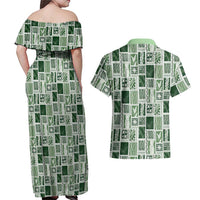 Vintage Aloha Block Quilt Couples Matching Off Shoulder Maxi Dress and Hawaiian Shirt Green Inspired Lei Motifs - Polynesian Pride