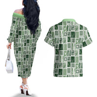 Vintage Aloha Block Quilt Couples Matching Off The Shoulder Long Sleeve Dress and Hawaiian Shirt Green Inspired Lei Motifs - Polynesian Pride