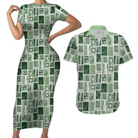 Vintage Aloha Block Quilt Couples Matching Short Sleeve Bodycon Dress and Hawaiian Shirt Green Inspired Lei Motifs - Polynesian Pride