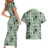 Vintage Aloha Block Quilt Couples Matching Short Sleeve Bodycon Dress and Hawaiian Shirt Green Inspired Lei Motifs - Polynesian Pride
