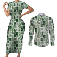 Vintage Aloha Block Quilt Couples Matching Short Sleeve Bodycon Dress and Long Sleeve Button Shirt Green Inspired Lei Motifs - Polynesian Pride
