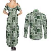 Vintage Aloha Block Quilt Couples Matching Summer Maxi Dress and Long Sleeve Button Shirt Green Inspired Lei Motifs - Polynesian Pride