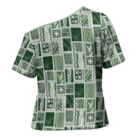Vintage Aloha Block Quilt Cross Shoulder Shirt Green Inspired Lei Motifs - Polynesian Pride