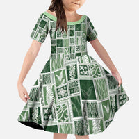 Vintage Aloha Block Quilt Family Matching Mermaid Dress and Hawaiian Shirt Green Inspired Lei Motifs - Polynesian Pride