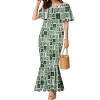 Vintage Aloha Block Quilt Family Matching Mermaid Dress and Hawaiian Shirt Green Inspired Lei Motifs - Polynesian Pride