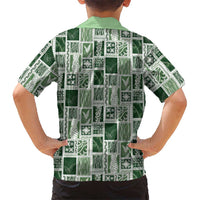 Vintage Aloha Block Quilt Family Matching Off The Shoulder Long Sleeve Dress and Hawaiian Shirt Green Inspired Lei Motifs - Polynesian Pride