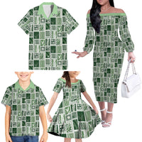 Vintage Aloha Block Quilt Family Matching Off The Shoulder Long Sleeve Dress and Hawaiian Shirt Green Inspired Lei Motifs - Polynesian Pride