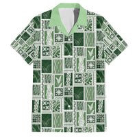Vintage Aloha Block Quilt Family Matching Off The Shoulder Long Sleeve Dress and Hawaiian Shirt Green Inspired Lei Motifs - Polynesian Pride