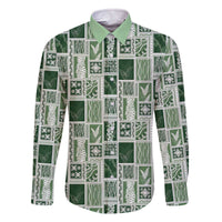 Vintage Aloha Block Quilt Family Matching Off The Shoulder Long Sleeve Dress and Hawaiian Shirt Green Inspired Lei Motifs - Polynesian Pride