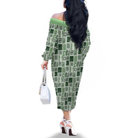Vintage Aloha Block Quilt Family Matching Off The Shoulder Long Sleeve Dress and Hawaiian Shirt Green Inspired Lei Motifs - Polynesian Pride