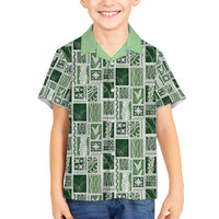 Vintage Aloha Block Quilt Family Matching Off The Shoulder Long Sleeve Dress and Hawaiian Shirt Green Inspired Lei Motifs - Polynesian Pride