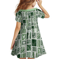 Vintage Aloha Block Quilt Family Matching Off Shoulder Short Dress and Hawaiian Shirt Green Inspired Lei Motifs - Polynesian Pride