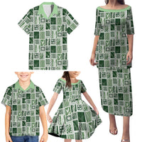 Vintage Aloha Block Quilt Family Matching Puletasi and Hawaiian Shirt Green Inspired Lei Motifs - Polynesian Pride