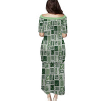 Vintage Aloha Block Quilt Family Matching Puletasi and Hawaiian Shirt Green Inspired Lei Motifs - Polynesian Pride