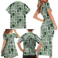 Vintage Aloha Block Quilt Family Matching Short Sleeve Bodycon Dress and Hawaiian Shirt Green Inspired Lei Motifs - Polynesian Pride