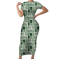Vintage Aloha Block Quilt Family Matching Short Sleeve Bodycon Dress and Hawaiian Shirt Green Inspired Lei Motifs - Polynesian Pride