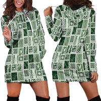 Vintage Aloha Block Quilt Hoodie Dress Green Inspired Lei Motifs - Polynesian Pride