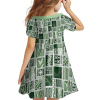 Vintage Aloha Block Quilt Kid Short Sleeve Dress Green Inspired Lei Motifs LT9 - Polynesian Pride