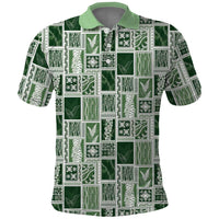 Vintage Aloha Block Quilt Polo Shirt Green Inspired Lei Motifs - Polynesian Pride