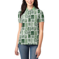 Vintage Aloha Block Quilt Women Polo Shirt Green Inspired Lei Motifs - Polynesian Pride