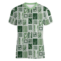 Vintage Aloha Block Quilt Women V-Neck T-Shirt Green Inspired Lei Motifs - Polynesian Pride