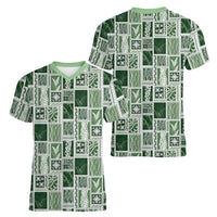 Vintage Aloha Block Quilt Women V-Neck T-Shirt Green Inspired Lei Motifs - Polynesian Pride