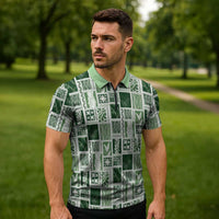 Vintage Aloha Block Quilt Zipper Polo Shirt Green Inspired Lei Motifs - Polynesian Pride