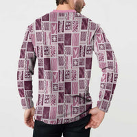 Vintage Aloha Block Quilt Button Sweatshirt Pink Inspired Lei Motifs - Polynesian Pride