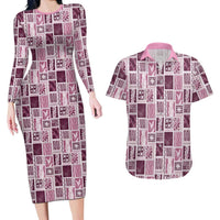 Vintage Aloha Block Quilt Couples Matching Long Sleeve Bodycon Dress and Hawaiian Shirt Pink Inspired Lei Motifs - Polynesian Pride